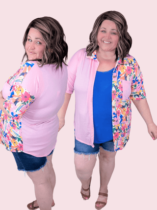 Audra Pink Floral Short Sleeve Button Down Top-1- ShortSlv/Slvless Tops-HEIMISH-Styled by Stacked - A Plus Size Women's Boutique in Lakeville, MN