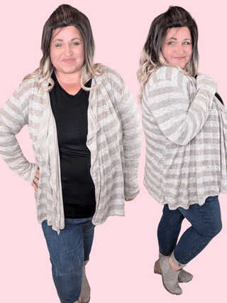 August Lightweight Cardigan in Taupe Stripe-4- Overlayer Tops-pea and rose-Styled by Stacked - A Plus Size Women's Boutique in Lakeville, MN