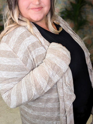 August Lightweight Cardigan in Taupe Stripe-4- Overlayer Tops-pea and rose-Styled by Stacked - A Plus Size Women's Boutique in Lakeville, MN