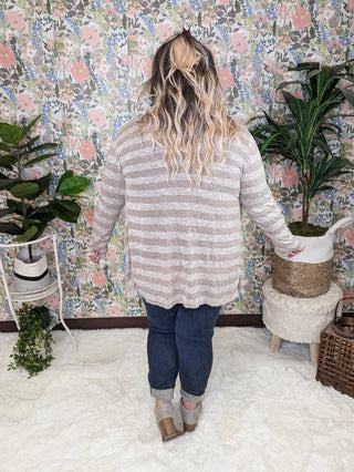 August Lightweight Cardigan in Taupe Stripe-4- Overlayer Tops-pea and rose-Styled by Stacked - A Plus Size Women's Boutique in Lakeville, MN