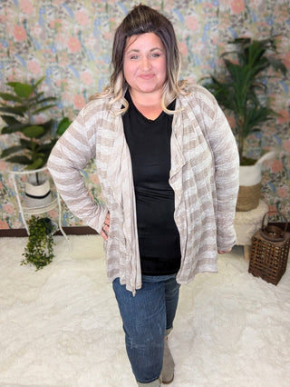 August Lightweight Cardigan in Taupe Stripe-4- Overlayer Tops-pea and rose-Styled by Stacked - A Plus Size Women's Boutique in Lakeville, MN