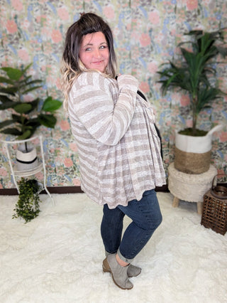 August Lightweight Cardigan in Taupe Stripe-4- Overlayer Tops-pea and rose-Styled by Stacked - A Plus Size Women's Boutique in Lakeville, MN
