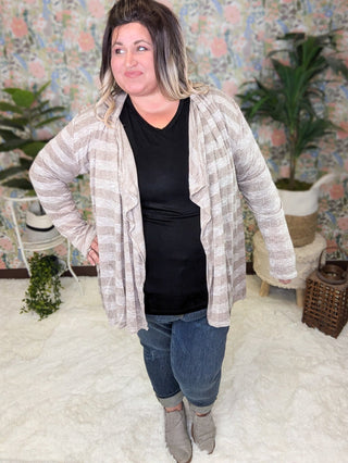 August Lightweight Cardigan in Taupe Stripe-4- Overlayer Tops-pea and rose-Styled by Stacked - A Plus Size Women's Boutique in Lakeville, MN