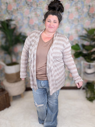August Lightweight Cardigan in Taupe Stripe-4- Overlayer Tops-pea and rose-Styled by Stacked - A Plus Size Women's Boutique in Lakeville, MN
