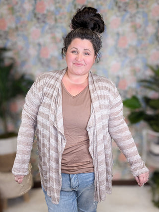 August Lightweight Cardigan in Taupe Stripe-4- Overlayer Tops-pea and rose-Styled by Stacked - A Plus Size Women's Boutique in Lakeville, MN