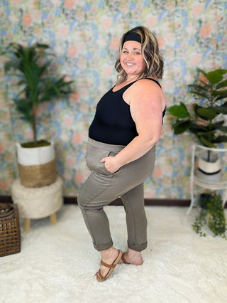 Aundrea Knit Pull On Crop Pants in Soft Olive-10- Bottoms Non-Denim-WHITE BIRCH-Styled by Stacked - A Plus Size Women's Boutique in Lakeville, MN