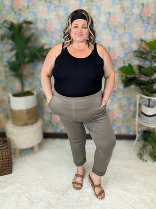 Aundrea Knit Pull On Crop Pants in Soft Olive-10- Bottoms Non-Denim-WHITE BIRCH-Styled by Stacked - A Plus Size Women's Boutique in Lakeville, MN