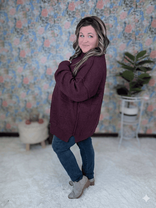 2- Long Sleeve Tops Aurora Cozy Dolman Slouchy Sweater in Dark Wine plus size clothing