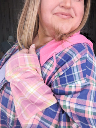 Ava Dip-Dyed Plaid Hooded Flannel Top-4- Overlayer Tops-WHITE BIRCH-Styled by Stacked - A Plus Size Women's Boutique in Lakeville, MN