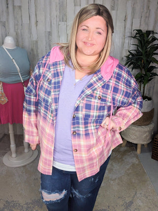 Ava Dip-Dyed Plaid Hooded Flannel Top-4- Overlayer Tops-WHITE BIRCH-Styled by Stacked - A Plus Size Women's Boutique in Lakeville, MN