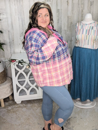 Ava Dip-Dyed Plaid Hooded Flannel Top-4- Overlayer Tops-WHITE BIRCH-Styled by Stacked - A Plus Size Women's Boutique in Lakeville, MN