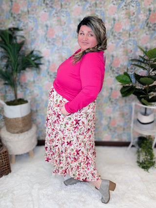 Avalon Midi Skirt in Taupe, Berry & Olive Painted Floral-10- Bottoms Non-Denim-WHITE BIRCH-Styled by Stacked - A Plus Size Women's Boutique in Lakeville, MN