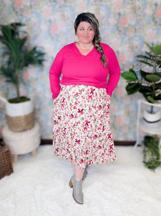 Avalon Midi Skirt in Taupe, Berry & Olive Painted Floral-10- Bottoms Non-Denim-WHITE BIRCH-Styled by Stacked - A Plus Size Women's Boutique in Lakeville, MN