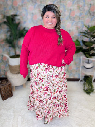 Avalon Midi Skirt in Taupe, Berry & Olive Painted Floral-10- Bottoms Non-Denim-WHITE BIRCH-Styled by Stacked - A Plus Size Women's Boutique in Lakeville, MN