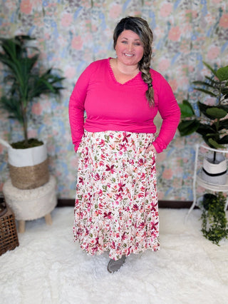 Avalon Midi Skirt in Taupe, Berry & Olive Painted Floral-10- Bottoms Non-Denim-WHITE BIRCH-Styled by Stacked - A Plus Size Women's Boutique in Lakeville, MN
