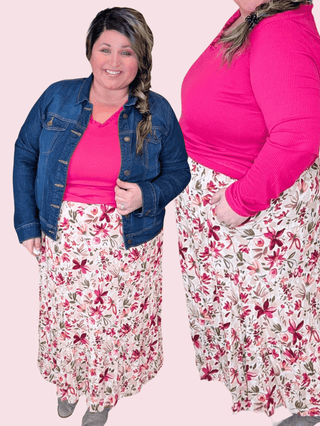 Avalon Midi Skirt in Taupe, Berry & Olive Painted Floral-10- Bottoms Non-Denim-WHITE BIRCH-Styled by Stacked - A Plus Size Women's Boutique in Lakeville, MN