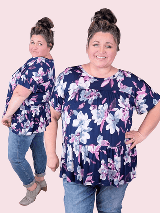 Aveline Tiered Top in Navy Floral-1- ShortSlv/Slvless Tops-HEIMISH-Styled by Stacked - A Plus Size Women's Boutique in Lakeville, MN