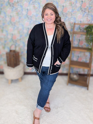 4- Overlayer Tops Avrielle Classic Prep Cardigan in Black plus size clothing