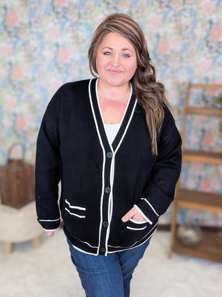 4- Overlayer Tops Avrielle Classic Prep Cardigan in Black plus size clothing