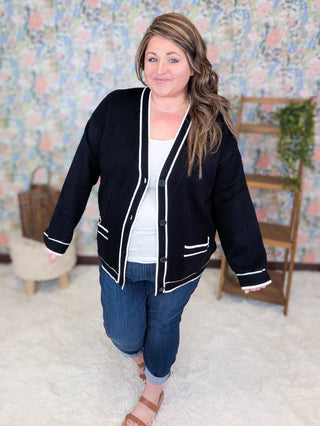 4- Overlayer Tops Avrielle Classic Prep Cardigan in Black plus size clothing