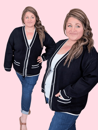 4- Overlayer Tops Avrielle Classic Prep Cardigan in Black plus size clothing