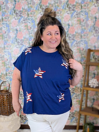 1- ShortSlv/Slvless Tops Avril Sequin Star Flag Tee on Blue plus size clothing