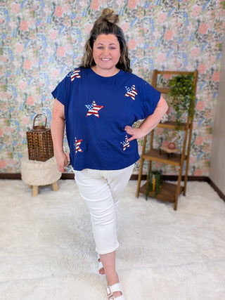 1- ShortSlv/Slvless Tops Avril Sequin Star Flag Tee on Blue plus size clothing