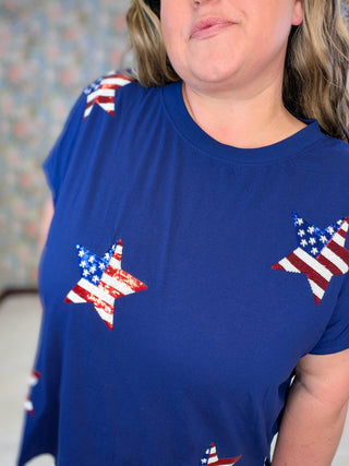 1- ShortSlv/Slvless Tops Avril Sequin Star Flag Tee on Blue plus size clothing