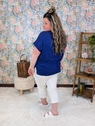 1- ShortSlv/Slvless Tops Avril Sequin Star Flag Tee on Blue plus size clothing