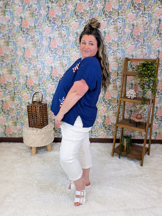 1- ShortSlv/Slvless Tops Avril Sequin Star Flag Tee on Blue plus size clothing