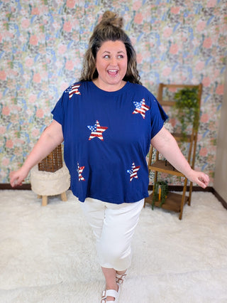 1- ShortSlv/Slvless Tops Avril Sequin Star Flag Tee on Blue plus size clothing
