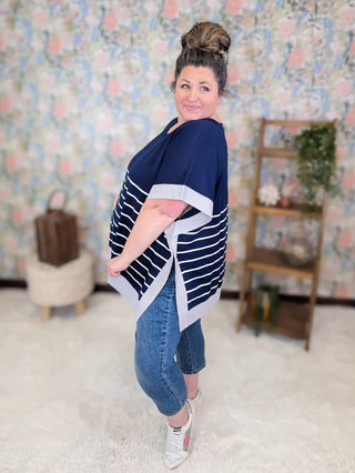 1- ShortSlv/Slvless Tops Ayanna Striped Boxy Summer Sweater in Navy plus size clothing