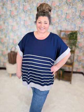 1- ShortSlv/Slvless Tops Ayanna Striped Boxy Summer Sweater in Navy plus size clothing