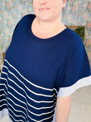 1- ShortSlv/Slvless Tops Ayanna Striped Boxy Summer Sweater in Navy plus size clothing