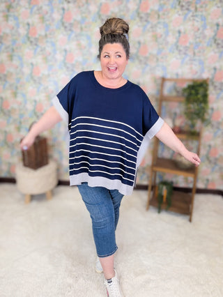 1- ShortSlv/Slvless Tops Ayanna Striped Boxy Summer Sweater in Navy plus size clothing