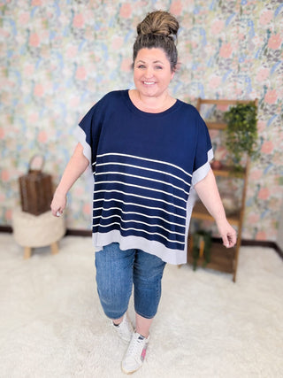 1- ShortSlv/Slvless Tops Ayanna Striped Boxy Summer Sweater in Navy plus size clothing