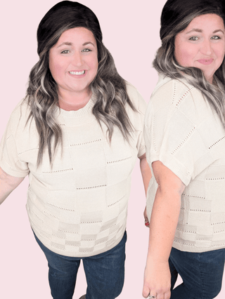 Barrett Textured Square Open Knit Short Sleeve Sweater in Beige-1- ShortSlv/Slvless Tops-WHITE BIRCH-Styled by Stacked - A Plus Size Women's Boutique in Lakeville, MN