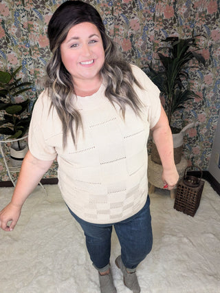 Barrett Textured Square Open Knit Short Sleeve Sweater in Beige-1- ShortSlv/Slvless Tops-WHITE BIRCH-Styled by Stacked - A Plus Size Women's Boutique in Lakeville, MN