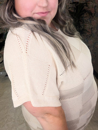 Barrett Textured Square Open Knit Short Sleeve Sweater in Beige-1- ShortSlv/Slvless Tops-WHITE BIRCH-Styled by Stacked - A Plus Size Women's Boutique in Lakeville, MN
