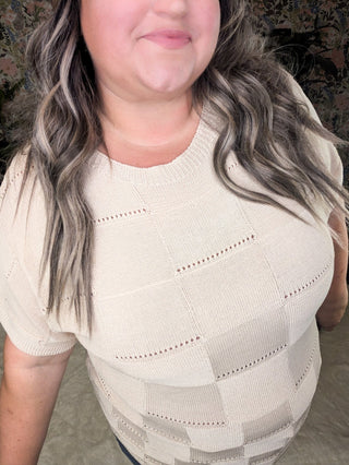 Barrett Textured Square Open Knit Short Sleeve Sweater in Beige-1- ShortSlv/Slvless Tops-WHITE BIRCH-Styled by Stacked - A Plus Size Women's Boutique in Lakeville, MN