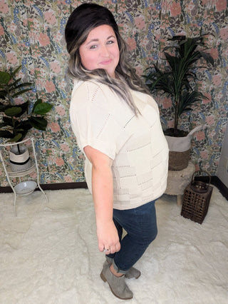 Barrett Textured Square Open Knit Short Sleeve Sweater in Beige-1- ShortSlv/Slvless Tops-WHITE BIRCH-Styled by Stacked - A Plus Size Women's Boutique in Lakeville, MN