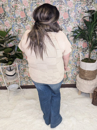 Barrett Textured Square Open Knit Short Sleeve Sweater in Beige-1- ShortSlv/Slvless Tops-WHITE BIRCH-Styled by Stacked - A Plus Size Women's Boutique in Lakeville, MN
