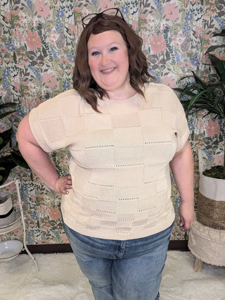 Barrett Textured Square Open Knit Short Sleeve Sweater in Beige-1- ShortSlv/Slvless Tops-WHITE BIRCH-Styled by Stacked - A Plus Size Women's Boutique in Lakeville, MN