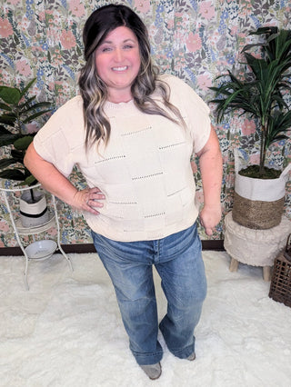 Barrett Textured Square Open Knit Short Sleeve Sweater in Beige-1- ShortSlv/Slvless Tops-WHITE BIRCH-Styled by Stacked - A Plus Size Women's Boutique in Lakeville, MN