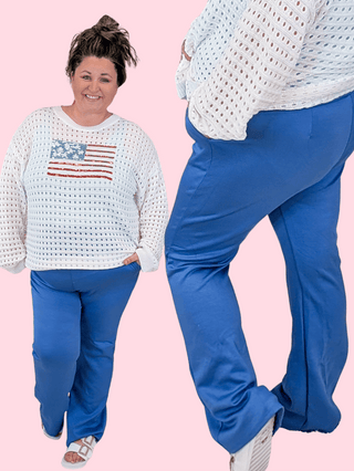 10- Bottoms Non-Denim Baylor Scuba Pull On Flare in Denim Blue plus size clothing