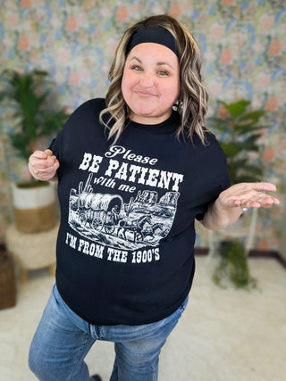Be Patient With Me Black Crewneck Graphic Tee-6- Graphic Tops-ILOVEMYFREEDOM-Styled by Stacked - A Plus Size Women's Boutique in Lakeville, MN