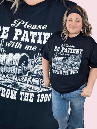 Be Patient With Me Black Crewneck Graphic Tee-6- Graphic Tops-ILOVEMYFREEDOM-Styled by Stacked - A Plus Size Women's Boutique in Lakeville, MN