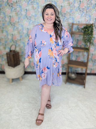 Bea 3/4 Sleeve Babydoll Dress in Lavender Floral-11- Dress/Romp/Jump-WHITE BIRCH-Styled by Stacked - A Plus Size Women's Boutique in Lakeville, MN
