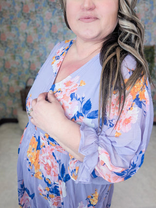 Bea 3/4 Sleeve Babydoll Dress in Lavender Floral-11- Dress/Romp/Jump-WHITE BIRCH-Styled by Stacked - A Plus Size Women's Boutique in Lakeville, MN
