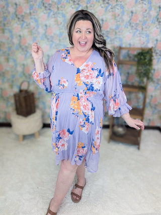 Bea 3/4 Sleeve Babydoll Dress in Lavender Floral-11- Dress/Romp/Jump-WHITE BIRCH-Styled by Stacked - A Plus Size Women's Boutique in Lakeville, MN